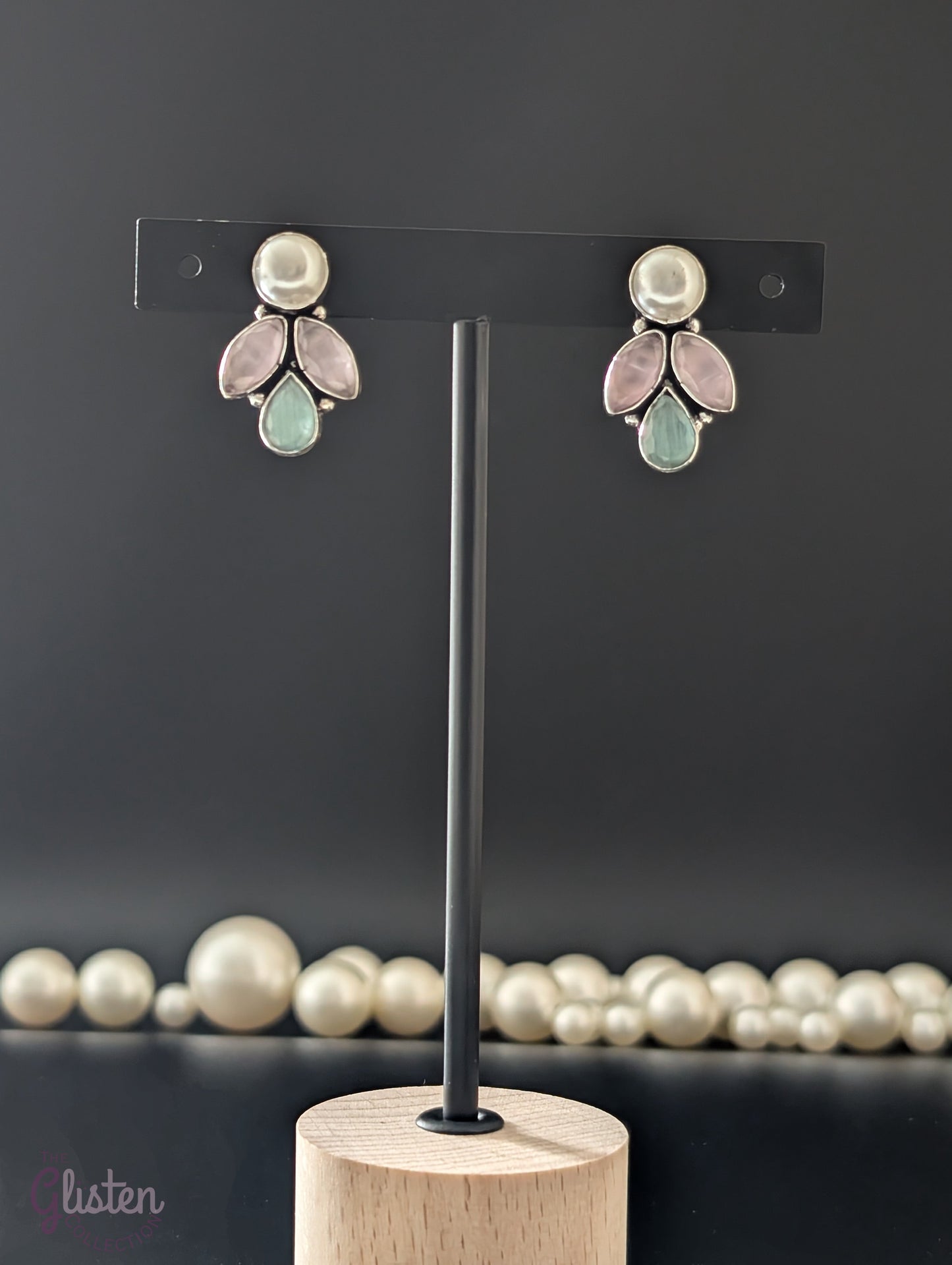 Oxidized silver earrings with marquise stones and pearls — vintage-style statement earrings for weddings, festive occasions, and timeless elegance.