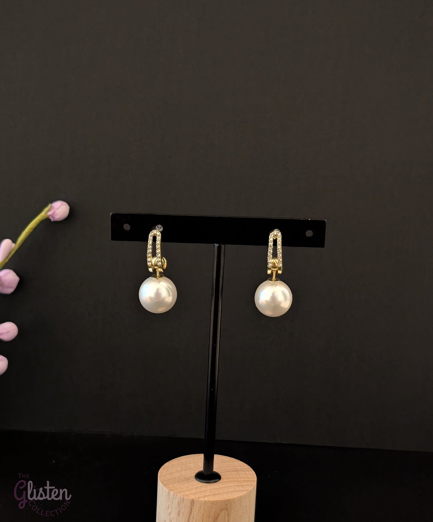 Pearl drop earrings with white stone accent, alloy inlay, minimalist design.