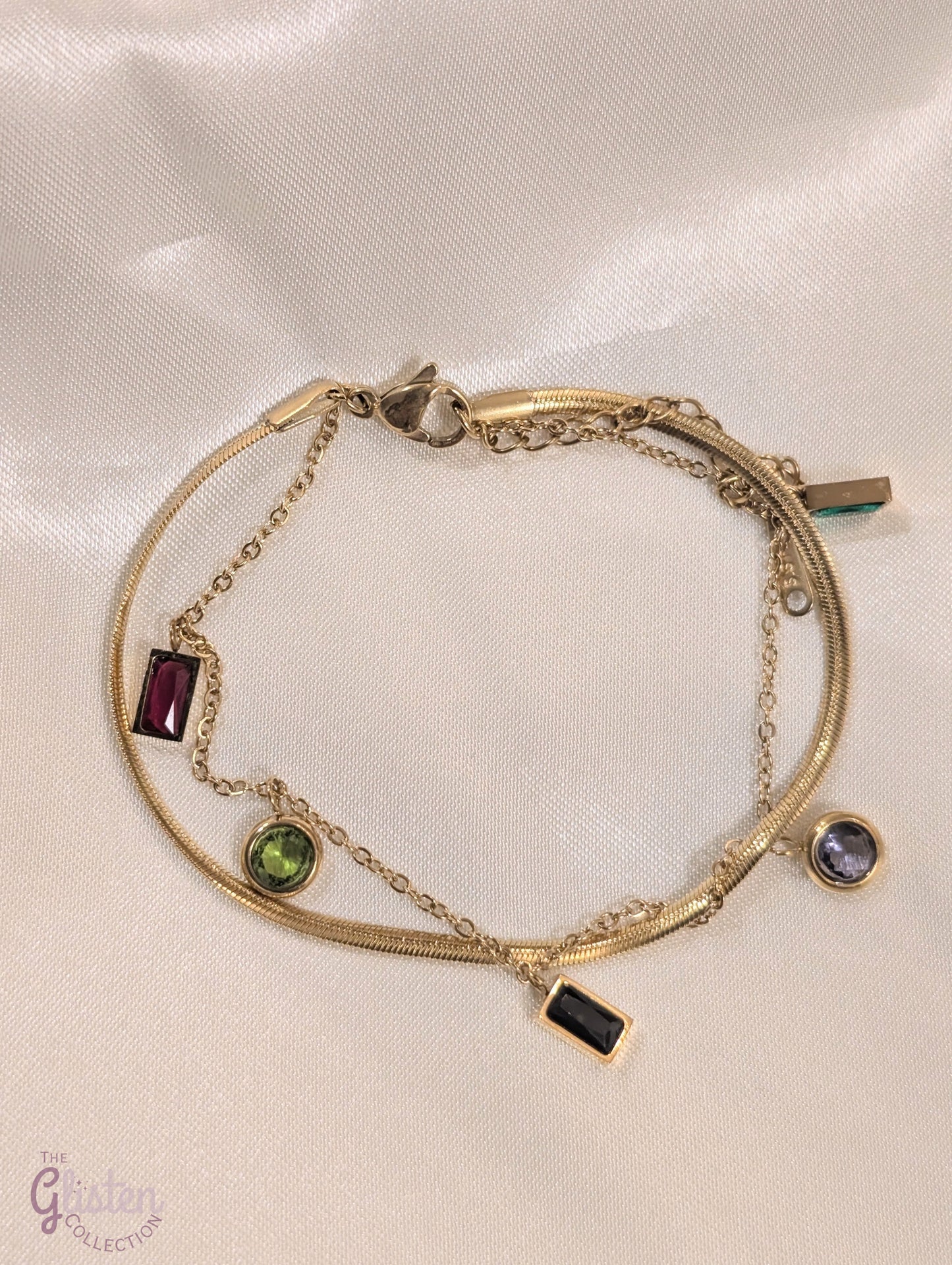 Colorful zircon stainless steel bracelet with vibrant multi-colored stones, perfect for a bold and stylish look.