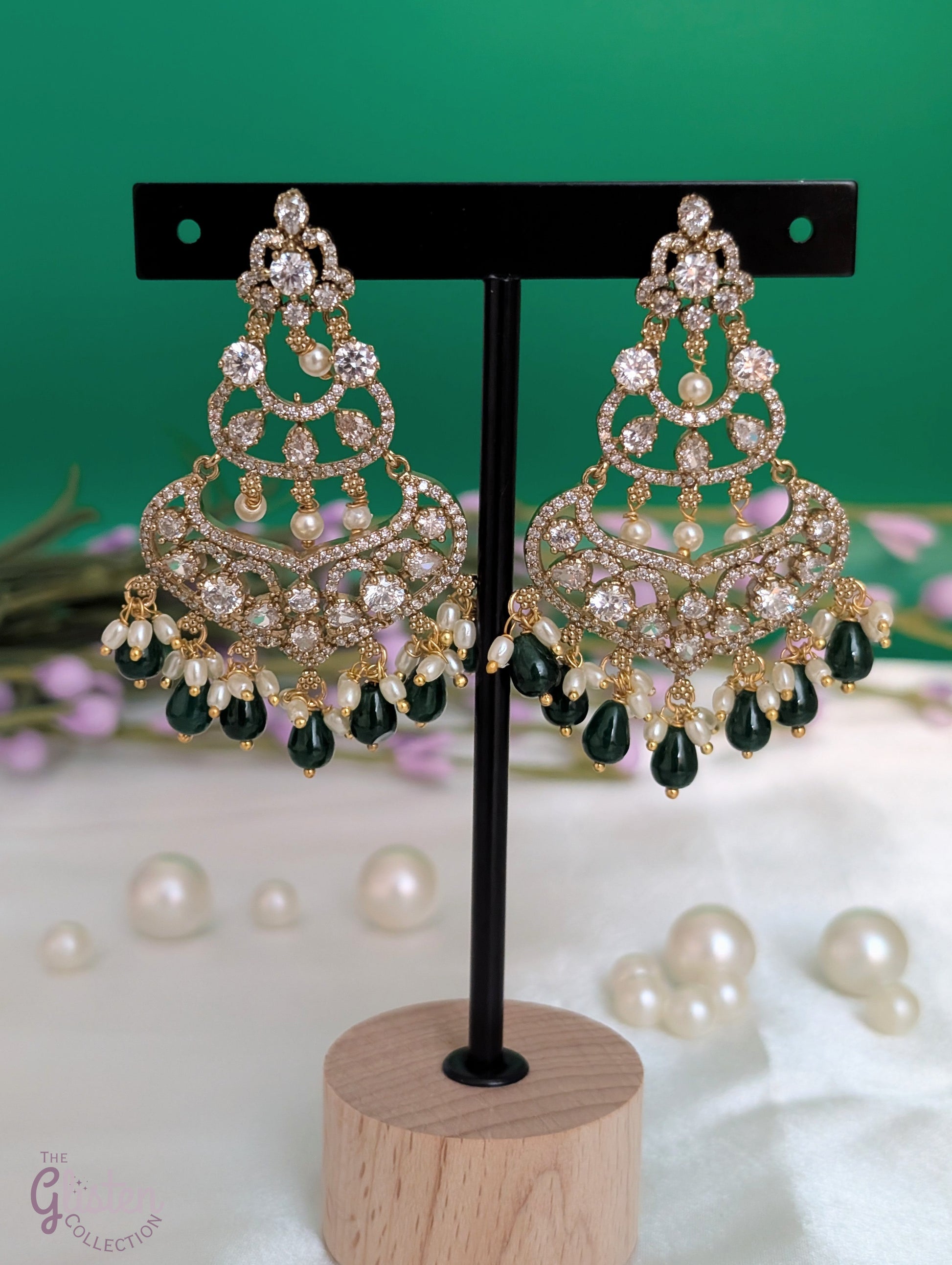 Emerald Pearl Chandbali Chandelier Earrings with pearl and green bead dangles, CZ accents — perfect for grand occasions and festive celebrations.