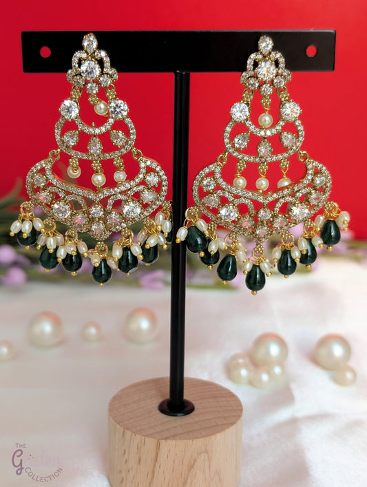 Emerald Pearl Chandbali Chandelier Earrings with pearl and green bead dangles, CZ accents — perfect for grand occasions and festive celebrations.