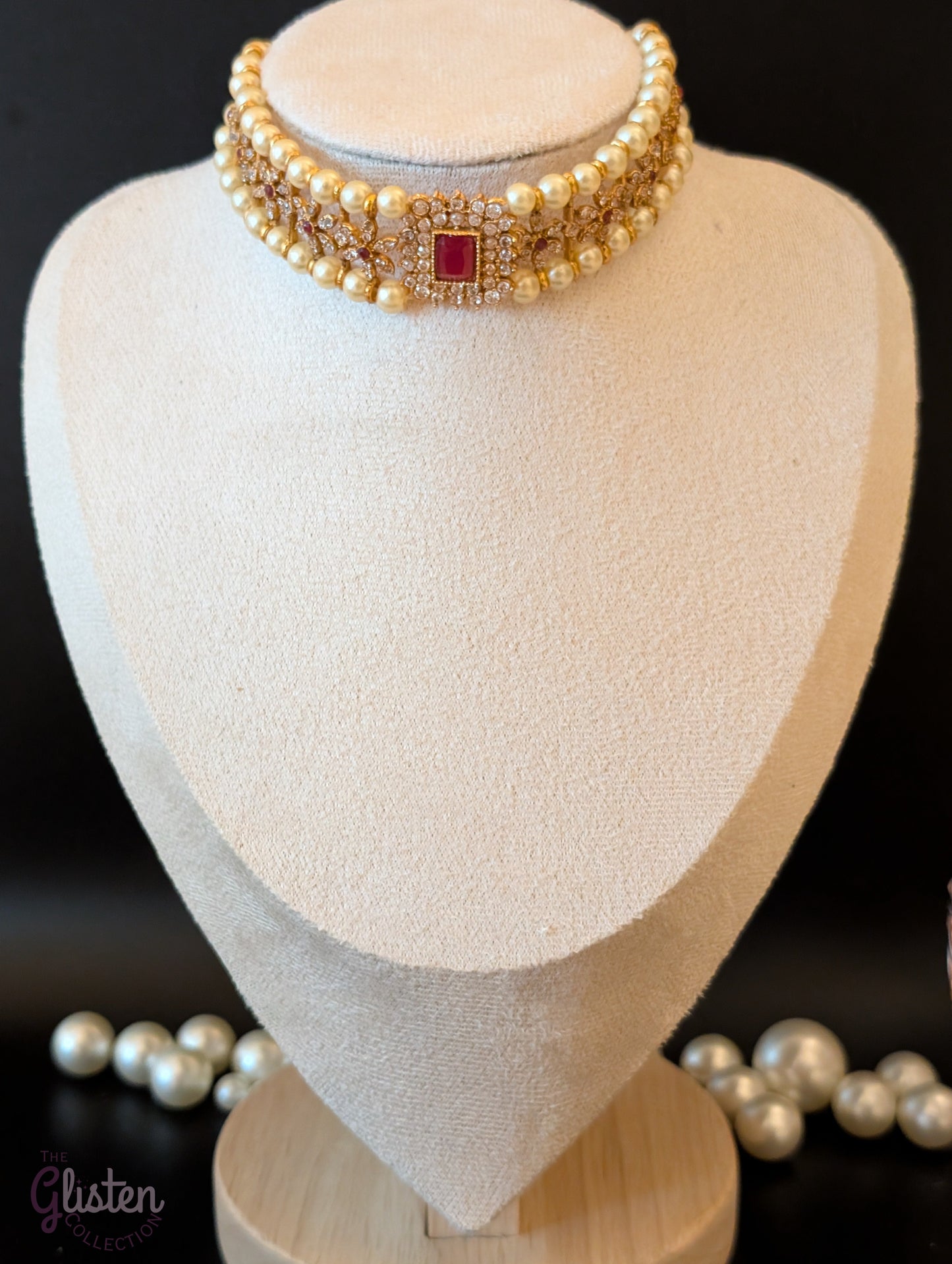 Matte gold-plated Temple Pearl choker necklace set with floral design and matching stud earrings, perfect for traditional occasions.