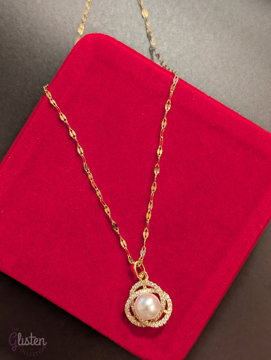 14K gold-plated titanium steel pearl and zircon ring chain necklace for daily, office, and elegant wear.