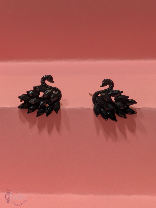 Elegant black swan drop earrings with zircon accents and copper inlay, perfect for formal and party wear in Canada.