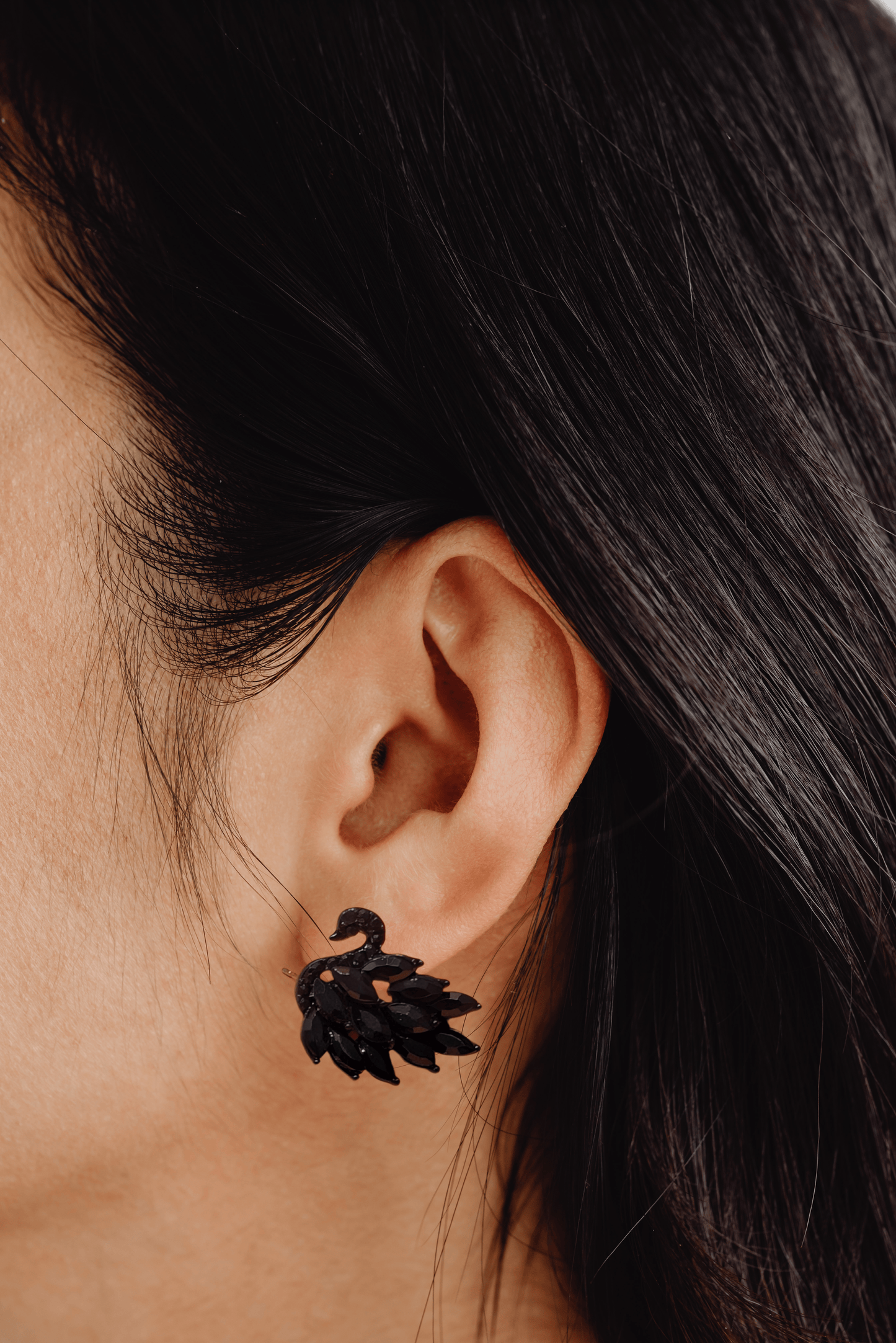Elegant black swan drop earrings with zircon accents and copper inlay, perfect for formal and party wear in Canada.