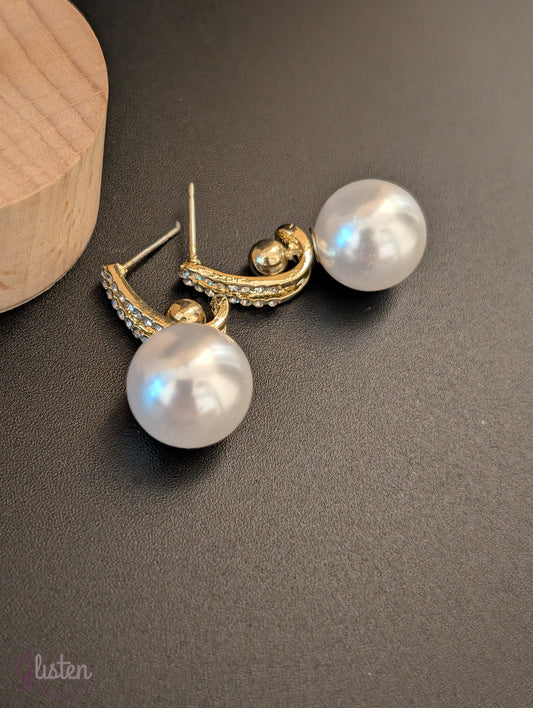 Pearl drop earrings with white stone accent, alloy inlay, minimalist design.
