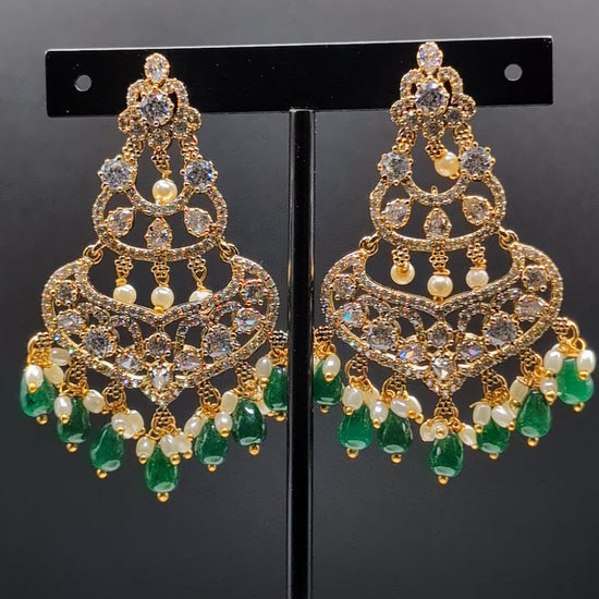Emerald Pearl Chandbali Chandelier Earrings with pearl and green bead dangles, CZ accents — perfect for grand occasions and festive celebrations.