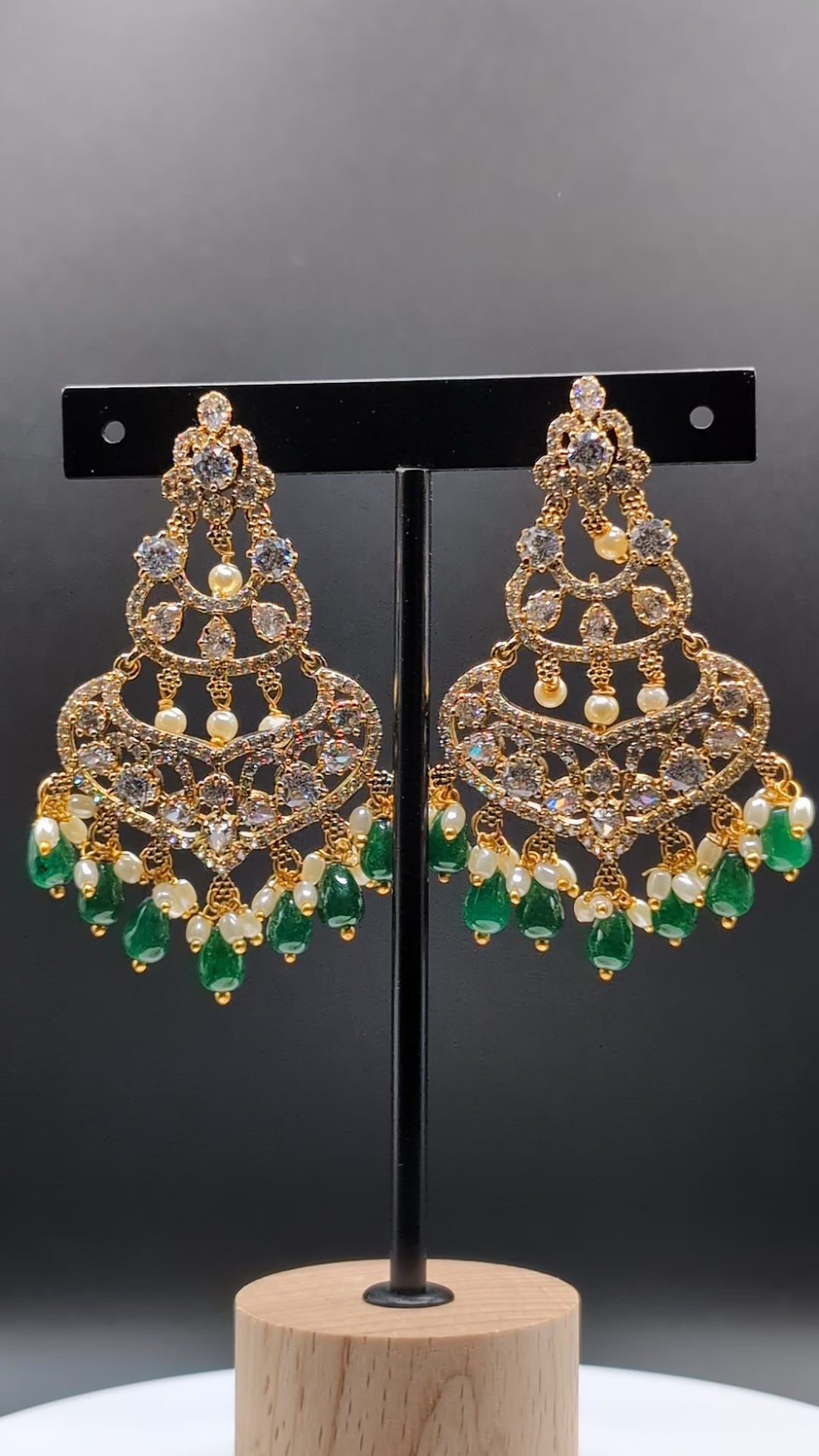 Emerald Pearl Chandbali Chandelier Earrings with pearl and green bead dangles, CZ accents — perfect for grand occasions and festive celebrations.
